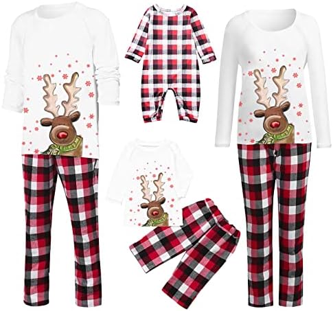 Božićne pidžame za obitelj 2022 Slatka Xmas Reindeer Crveni snježni uzorci ispisani vrhovi i plaćene hlače