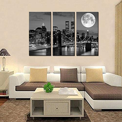 Biuteawal New York Skyline Wall Art Brooklyn Bridge Moon Night View slika na platnu Print crno-bijelo Gradsko