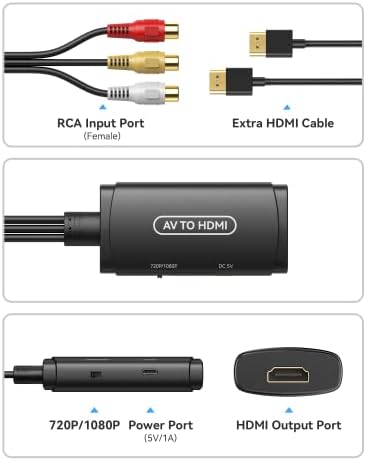 Ablewwe RCA do HDMI Converter, AV do HDMI adapter, kompozit za podršku HDMI adaptera 1080p, PAL