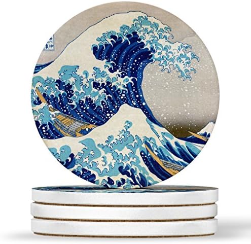 Veliki val s kanagawa dizajna - okrugli podmetači, prirodni pješčenjak - set od 4