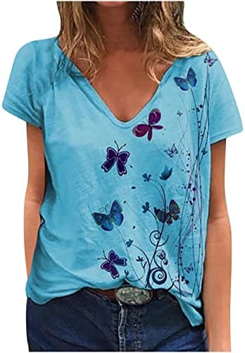 Košulje kratkih rukava za žene duboko V izrez Spandex Leptir cvjetni grafički opušteni fit vrhovi košulje Djevojke