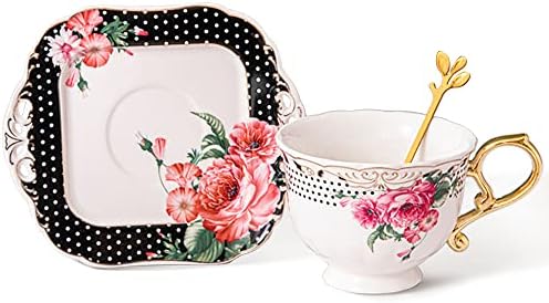 Fanquare cvjetni čaj za kafu i kvadratni tanjur, porcelan čaj od britanskog stila sa zlatnim kašikom,