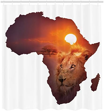 Ambesonne safari tuš za zavjese, afrička umjetnička divljač Lion zalazak sunca Kontinent Afrika Karta Dvostruko
