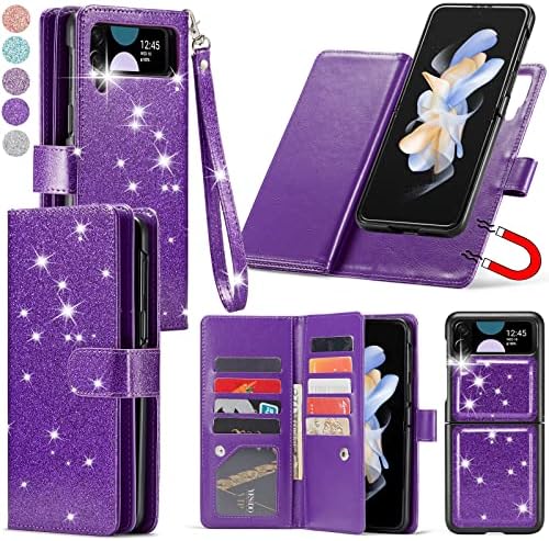 Varikke Galaxy Z Flip 4 Case, Z Flip 4 case novčanik sa 9 držač kartica za žene, modni Glitter PU kožni remen