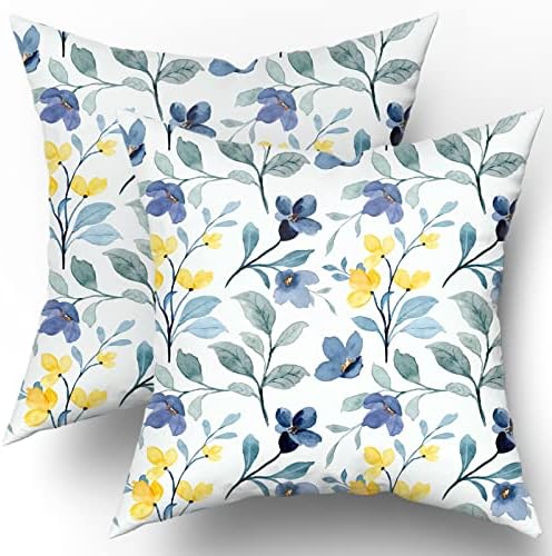 Žuti plavi cvjetni jastuk za bacanje 18x18 inčni akvaretni kozdi zeleni listovi dekorativni