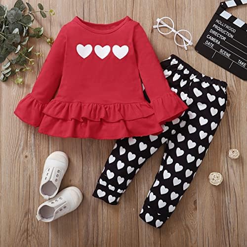 2pcs Toddler Girls Fall Outfits Love Heart Print O-izrez Dugi rukav Frilly Tops + Elastične hlače za