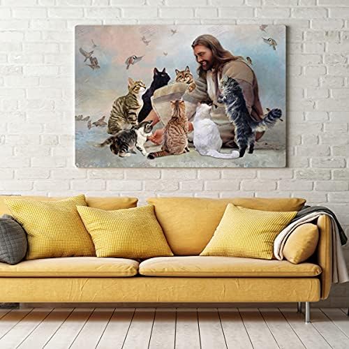 Desdirect Store Isus kršćanski Bog okružen mačkama anđeli za ljude vole Cat Canvas Art zidni dekor okvir - pejzažna