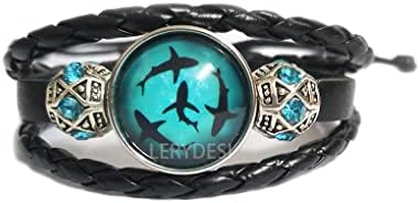 Ocean Sharks narukvica kruži ajkule nakit plave kristalne perle crna tamno smeđa koža za žene Man Girl boy