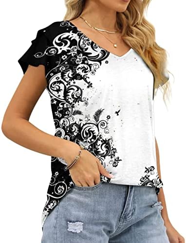 V izrez majice za žene, Ženski vrhovi labavi kroj s volanima kratki rukavi Tees modni štampani Casual