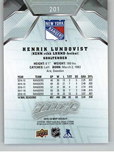 2019-20 Gornja paluba MVP Hockey 201 Henrik Lundqvist New York Rangers Službena NHL trgovačka kartica iz UD