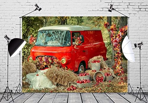 Loccor 9x6ft jesen ulje slikarstvo meka poliester tkanina pozadina crveni kamion autobus jabuke u korpi