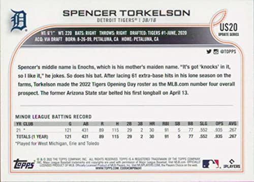 2022 Ažuriranje topps US20 Spencer Torkelson RC Rookie Detroit Tigers MLB bejzbol trgovačka kartica