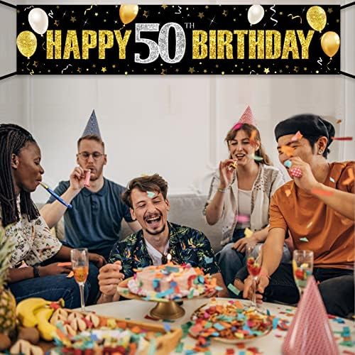 50. rođendan ukrasi za muškarce žene, crno zlato sretno 50 rođendan dvorište baner potpisuju zabava, pedesetogodišnji