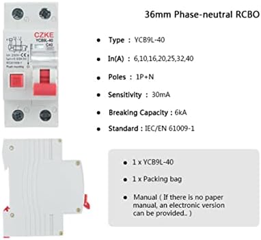 Mgtcar 36mm faza neutralna RCBO 30mA 1P + n Prekidač za preostale struje sa strujom i zaštitom od curenja