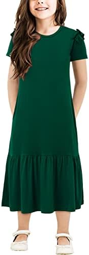 storeofbaby djevojke Casual kratki rukav T-Shirt haljina čvrste Ruffle Midi haljine sa džepovima 5-14 godina