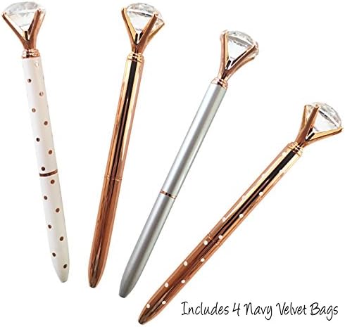 Rose Gold Diamond olovke | 4 kristalne olovke i 4 mornaričke plave baršunaste torbe | Bling olovke čine odlične