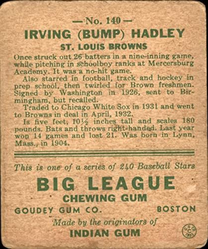 1933 Goudey 140 Bump Hadley St. Louis Browns Jao Browns
