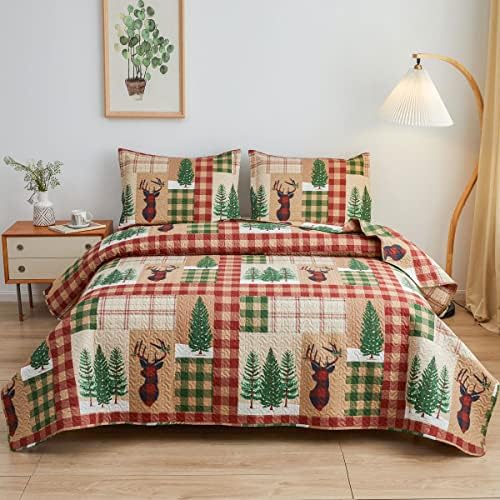 Oliven Burgundija Smeđa posteljina u posteljini Twin Size Lodge Deer Plaid prekrivač prekrivena