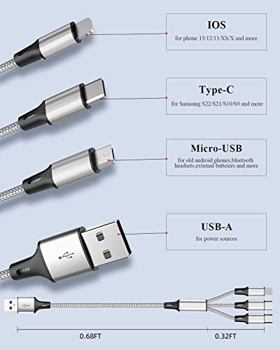 Multi puniti kabl, kratak multi USB punjač Aluminijumska pletenica 3 u 1 Univerzalni višestruki
