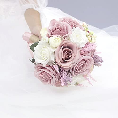 ABBIE DOM BRIDAL VEDICU BOUQUE - 9 inča prašnjava ružičasta bijela ruža Real Touch Wedding Cvijet sa vintage