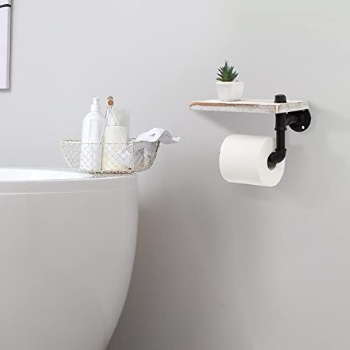Exoliry industrijski zidni drveni toaletni nosač rola za papir Dizajn crnog željeza s rustikalnim sivim