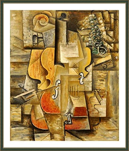 Alonline Art - violina i grožđe Pablo Picasso | Zelena uokvirena slika tiskana na pamučnom