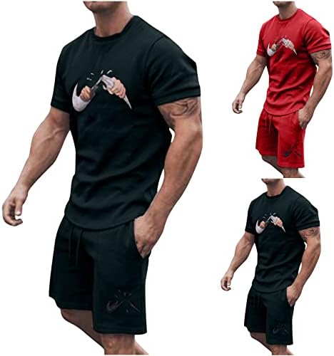 Badhub tiskani mens 2 komada odjeća za ljetnu casual crew vrat mišića kratkih rukava majica i sportske