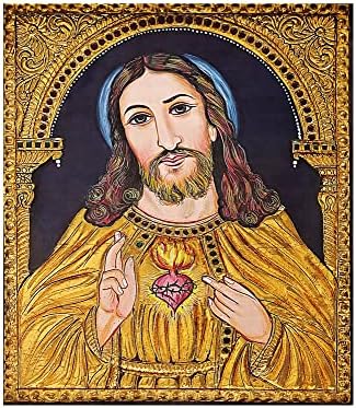 Egzotična Indija 12 x 14 slika Isusa Krista Tanjora / tradicionalne boje sa 24k zlatom / okvir od Teakwooda