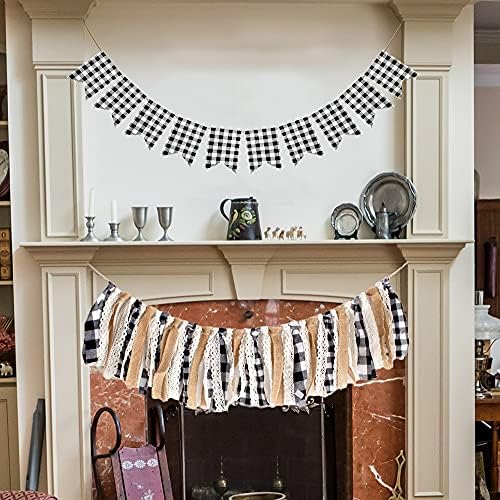 Buffalo Checkered Potplata tkanina crno-bijela gingham bunting tassel golland rustikalni božićni rođendan mantel