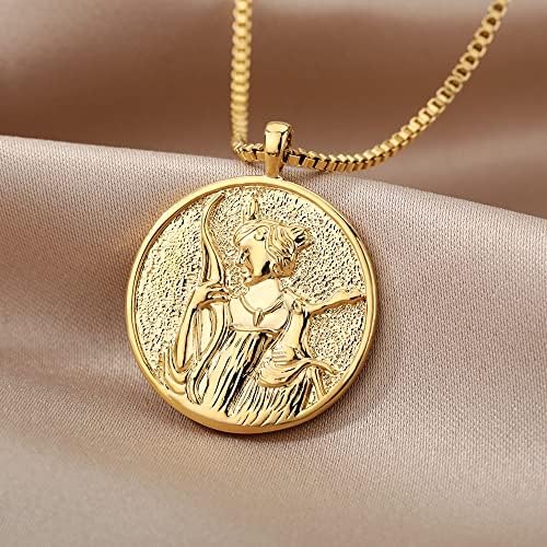 MINHI Zlatna boginja Artemis ogrlica za žene Vintage okrugli medaljon privjesak ogrlice nakit za nju-Hecate