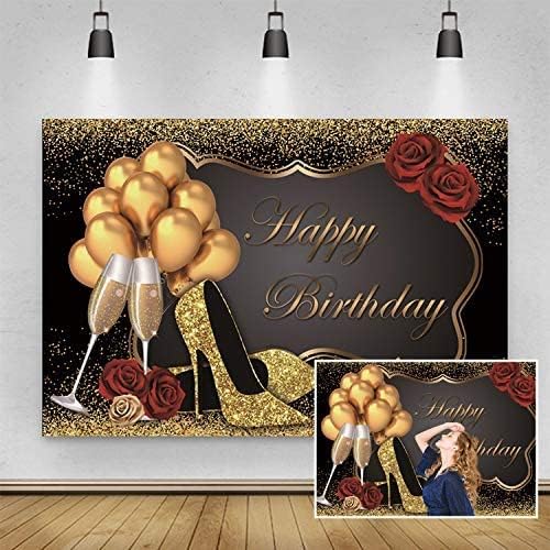 Crno zlato Glitter Happy Birthday Backdrop,Yeele 12x8ft Zlatni baloni sa šljokicama šampanjac