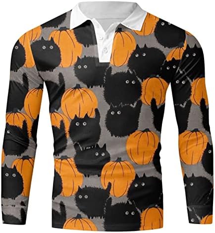 XXBR Halloween Muške polo majice, smiješna grafička mačka dugih rukava bundeva Henley tipke The Party