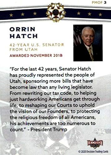 2020 Odluka o listu Predsjednička medalja slobode # PMOF-3 Senator Orrin Hatch Card