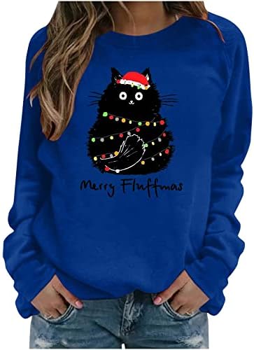 Tunuskat ženski smiješni božićni duks veseli fluffsas majice s dugim rukavima slatka crna masna mačka