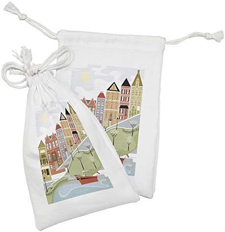 Ambesonne Cityscape tkanina torba od 2, ulica čudesne seoske ulice i šarene zgrade putem rijeke