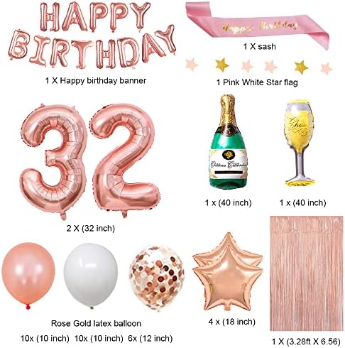 FancyPartyshop 32. rođendan ukrasi - Rose Gold Happy Rođendan Baner i krila sa brojem 32 Balone Latex Confetti