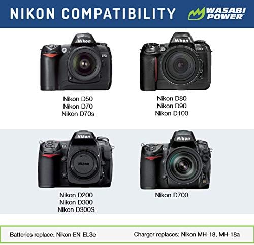 Wasabi Električna baterija i punjač za Nikon EN-EL3E i Nikon D50, D70, D70, D80, D90, D100, D200, D300, D300S,