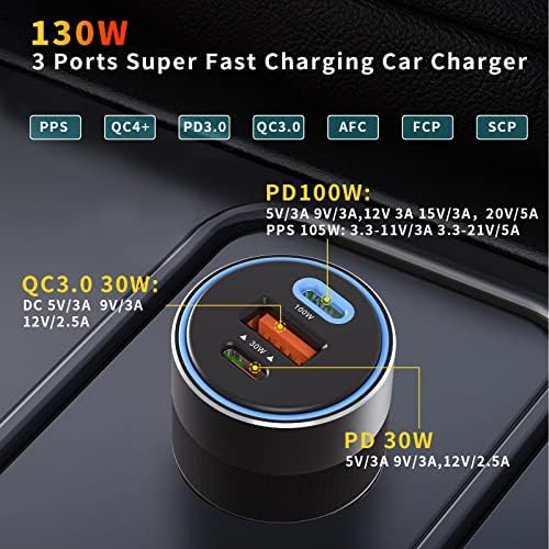 130W Tip C car Charger, HOMELYLIFE 3-port USB Car Charger, PD/ PPS 100w & PD/QC 30w Adapter za brzo punjenje