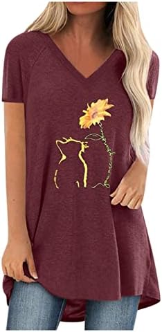 Izlasci vrhovi za žene, labav kratki rukav T majica Workout Sunflower Cat Print V bluza Casual