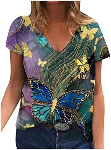 Ženske kravate boje, ljeto 2023 V rect thirt trendi bluze leptir print majica tees kratki rukav Tunike slatki