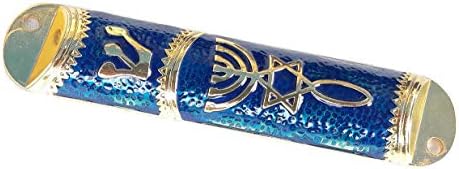 Holyland Suvenir New Metal Mezuzah Case Cufted Menorah Star of David & Fish Messianic Seal.Blue 4