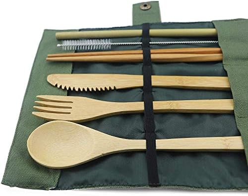 Milongkoji 7-dijelni drveni Set posuđa za jelo od bambusove slamke Set pribora za jelo Platnena torba nož viljuška