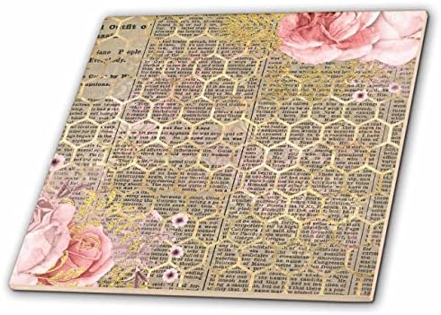 3drose novinski papir i slika zlatnog saća Pink Floral Collage-Tiles