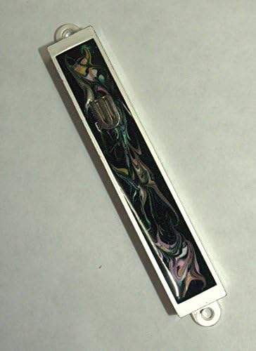 Judaica Mezuzah Case Crna ružičasta šarena ukrasna retro pruga srebrna shin 7cm
