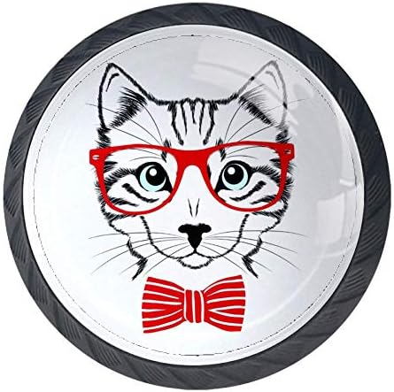 4 kom Hipster Cat sa crvenim naočarima dugmad za ormariće okrugle staklene ručke za fioke povlačenje za