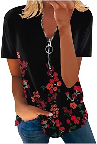 LCEPCY Womens cvjetni print V izrez kratkih rukava Tunika na vrhu Ležerne prilike ljetne boje labava majica