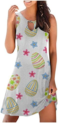 LCEPCY WOMENS Slatka zeko jaja cvjetna tiskana kratka mini haljina Ljeto bez rukava haljina za ključene