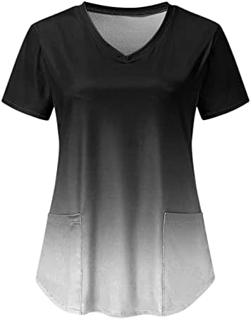 Ljetni Scrub_Shirts za žene modni gradijent radna odjeća V vrat kratki rukav bluza tunike vrhovi sa džepovima