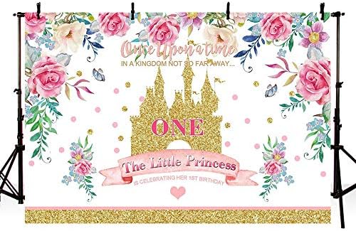 Mehofoto Kraljevstvo mala princeza 1. rođendan fotografija pozadina Banner proljeće cvjetno zlato dvorac sa šljokicama