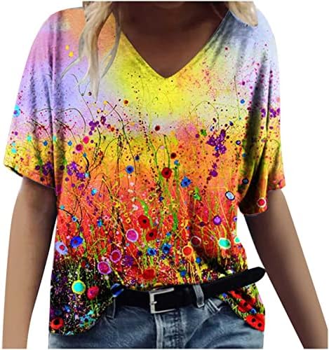 Kratki rukavi za djevojčice jesen ljeto V vrat Spandex cvijet grafički Lounge Tops Tshirts